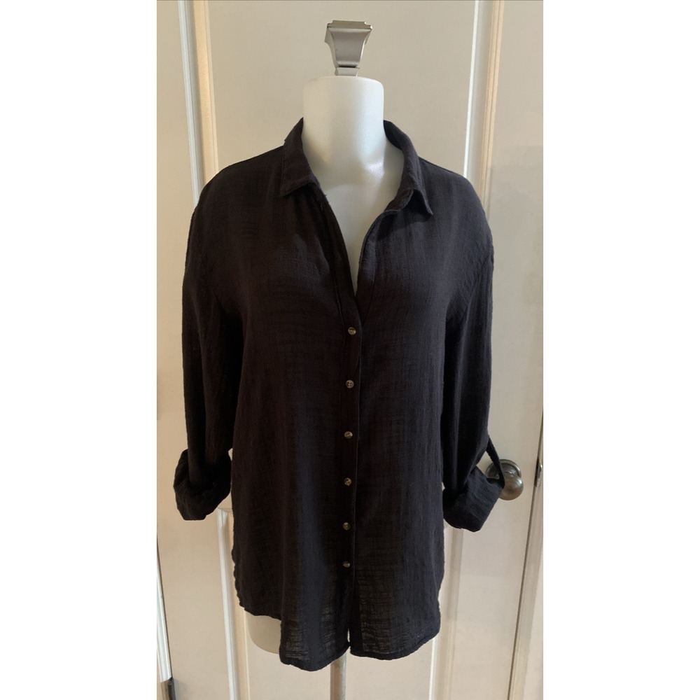 XCVI WEARABLES Black Gauze Size S Long Sleeve Button Up Shirt Roll Tab Cotton